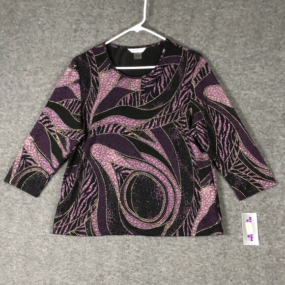 Allison Daley Top Womens MP Petite NWT Mixed Print Purple 3/4 SLV Round Neck - Picture 1 of 10